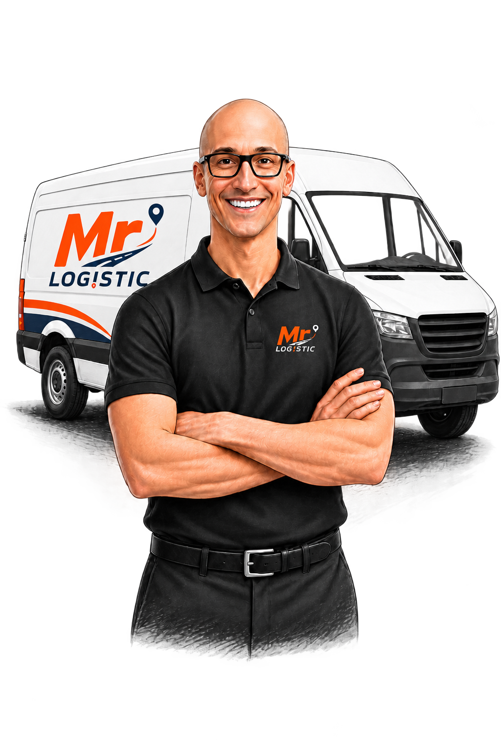 Illustration of Brian Marsland standing in front of a Mr Logistic van